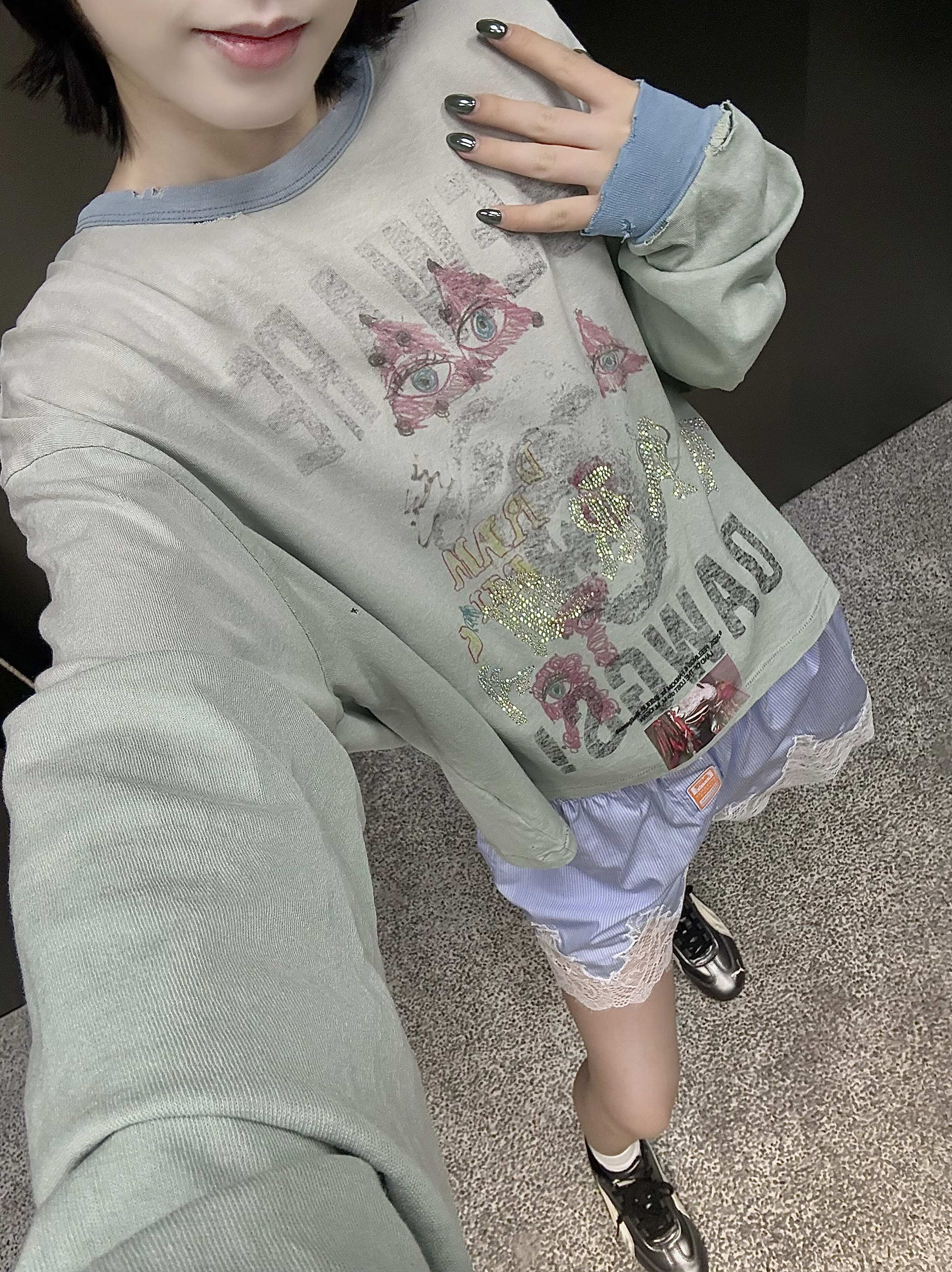 Paly Hollywood美式休闲复古烫钻字母恶魔眼睛印花长袖纯棉T恤Tee
