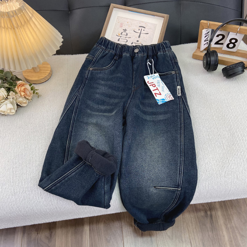 海洋家特价童装男女童冬季牛仔裤 中大童加厚加绒长裤儿童一体绒