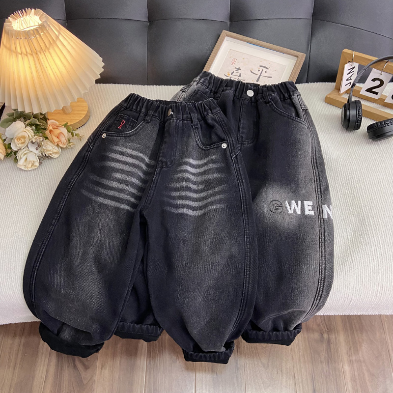 海洋家特价童装 男女童潮款牛仔裤中大童加绒休闲裤儿童牛仔长裤