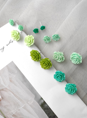 百搭小清新复古玫瑰花朵绿色系耳钉女高级感网红气质小众耳环新款