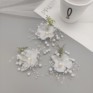 仙美韩式绢纱双层纱珍珠花朵发夹新娘婚纱化妆造型盘发立体边夹新