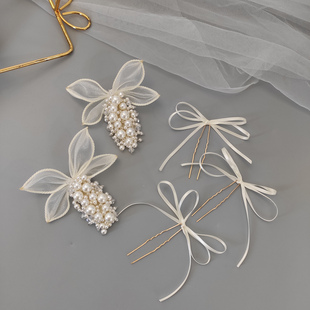 新娘头饰手工简约珍珠蝴蝶结发饰森女系对夹发簪婚纱跟妆造型边夹