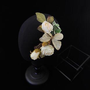 复古做旧森系仿真蝴蝶花朵玫瑰新娘头饰婚纱摄影汉服国风写真配饰