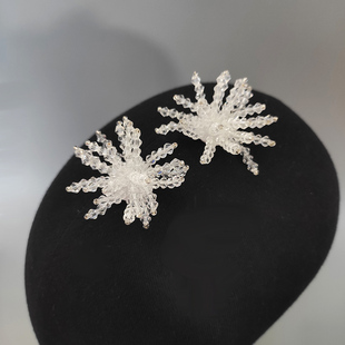 新娘复古气质夸张水晶串珠立体花朵耳钉穿珠透明水晶雪花耳饰夹式