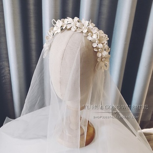 原创手工五瓣花珍珠半花环头饰新娘婚纱拍摄影饰品发饰春系新款