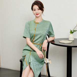 新中式妈妈夏装中年女装短袖大码改良旗袍桑蚕丝时尚真丝连衣裙子