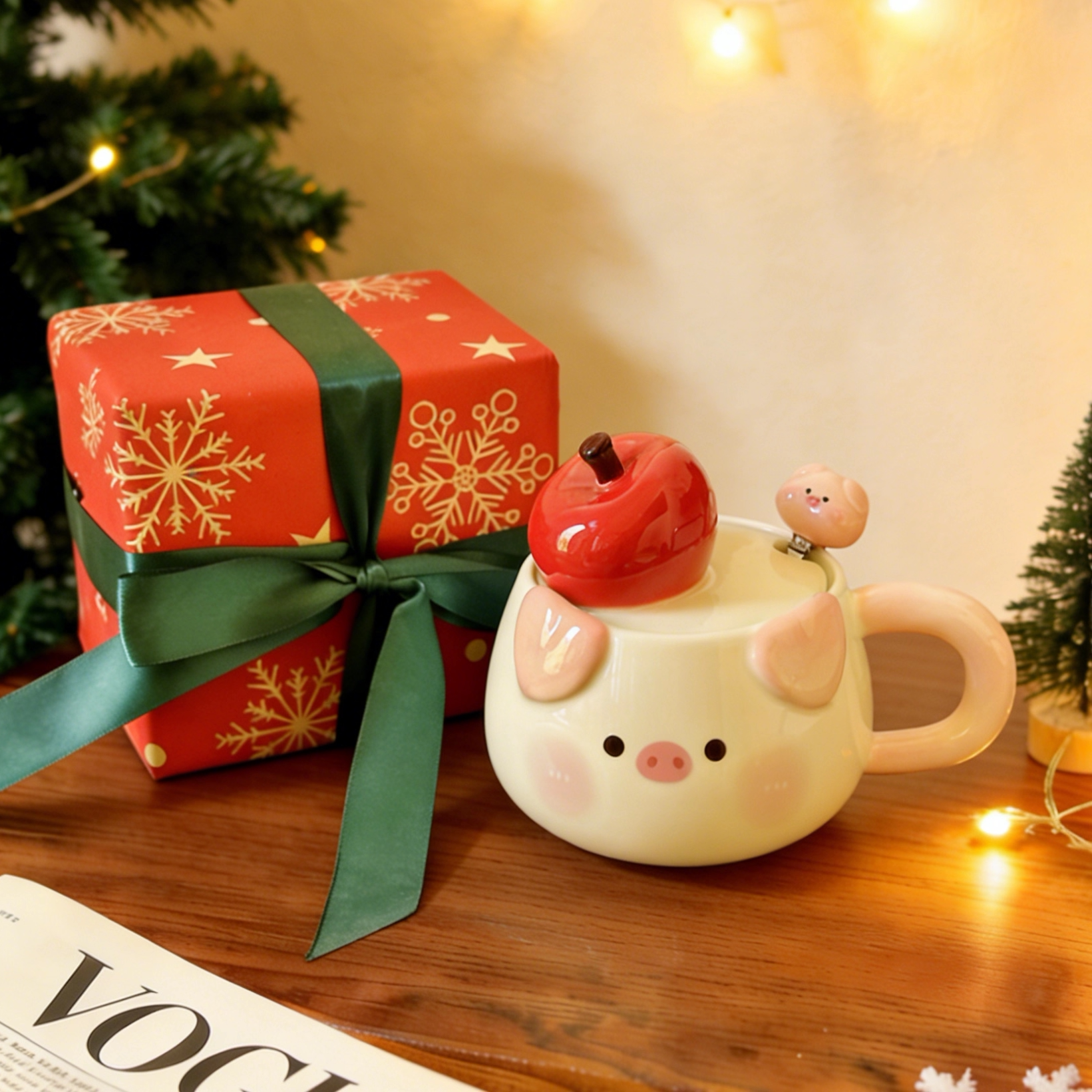 可爱苹果小猪陶瓷马克杯带盖创意生日妇女节礼物伴手礼闺蜜情侣杯