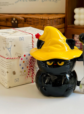 可爱魔法帽猫咪陶瓷水杯带盖勺办公室高颜值送女生马克杯生日礼物