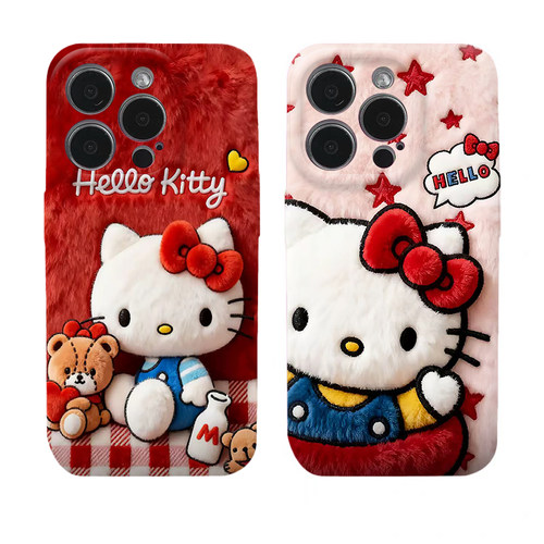 毛绒Kitty猫适用苹果17/16promax手机壳iphone14华为mate60pro菲林Pura70荣耀300女reno13保护套vivo20小米15