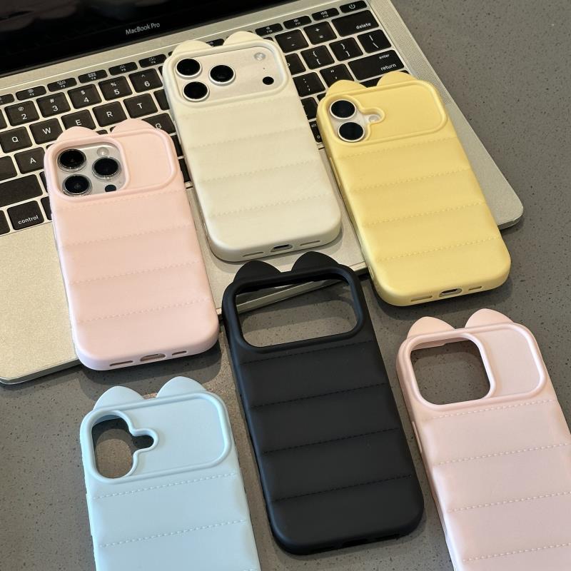 ins韩系猫耳朵羽绒服适用苹果17promax手机壳新款简约iPhone16pro时尚潮流15明星同款14pro全包外壳超好看女