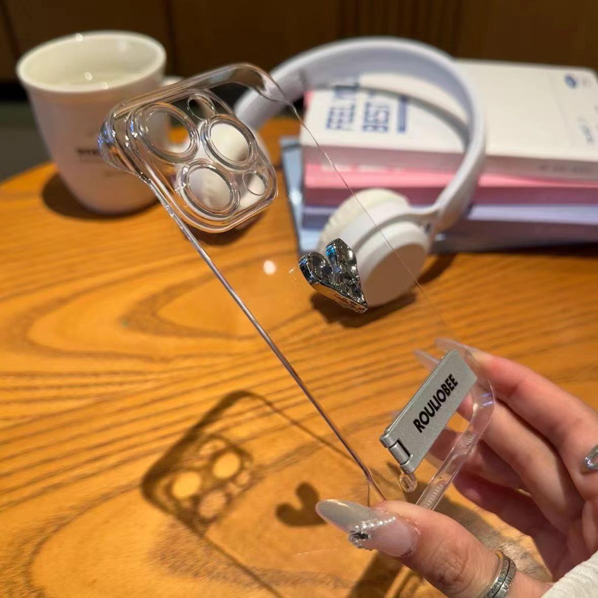 ins立体银爱心带支架适用苹果15promax手机壳iPhone13硬壳14pro简约12新款11透明15pro无边框14防摔套15plus