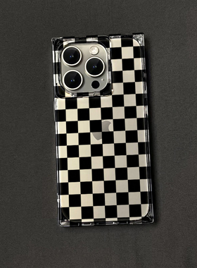 ins黑色棋盘格适用苹果16promax手机壳iPhone15女新款14长方形16创意13小众15Pro硅胶16plus防摔12保护套11软