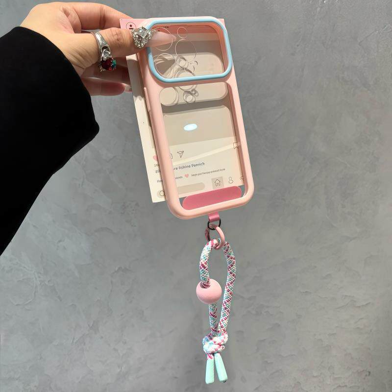 韩系ins粉框透明带挂绳适用于苹果17promax手机壳iphone16pro保护套15p新款17pm简约max手机套i不会撞壳艺术