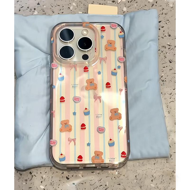 韩系条纹蛋糕小熊适用iphone15手机壳苹果16promax保护套华为Mate70透明X200小米15防摔Reno13红米K80荣耀300
