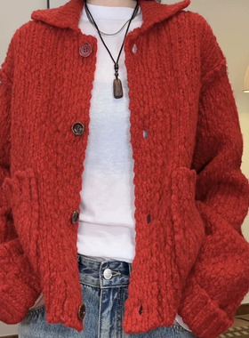 MACQNF29560MQ排扣Polo领大肚羊毛宽松慵懒加厚针织开衫外套女