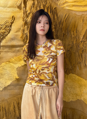 MQ21997春夏MACQNF杜飞印花短袖T恤女洋气晕染圆领打底衫潮
