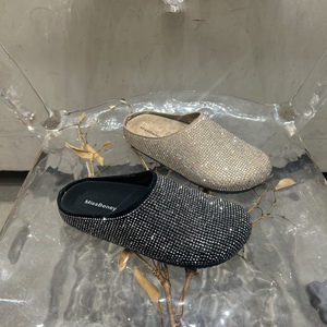 欧洲站勃肯鞋女2025春季新款真皮平底包头水钻一脚蹬时尚外穿拖鞋