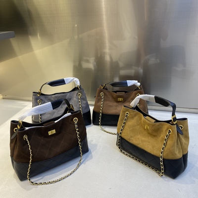 欧洲站香香家羊皮新款菱格链条复古流浪拼色菜蓝子单肩托特包包