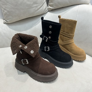 欧洲站棕色美拉德西部牛仔靴女2025秋季 复古皮带扣炸街机车靴 新款