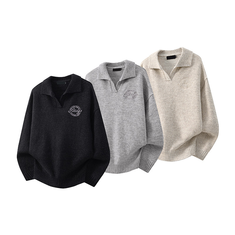 「设计师品牌」3D图慵懒v领毛衣复古polo领打底针织衫翻领