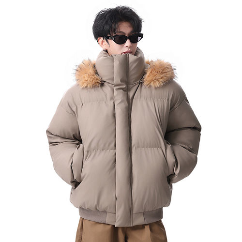 「设计师品牌」PU皮棉服男连帽毛领棉衣帽子可拆卸毛领可拆卸