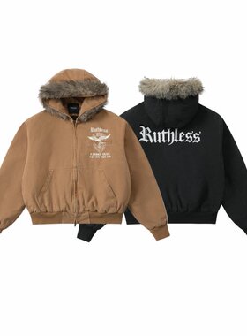 「设计师品牌」25fw水洗做旧落色复古毛领底特律棉服外套