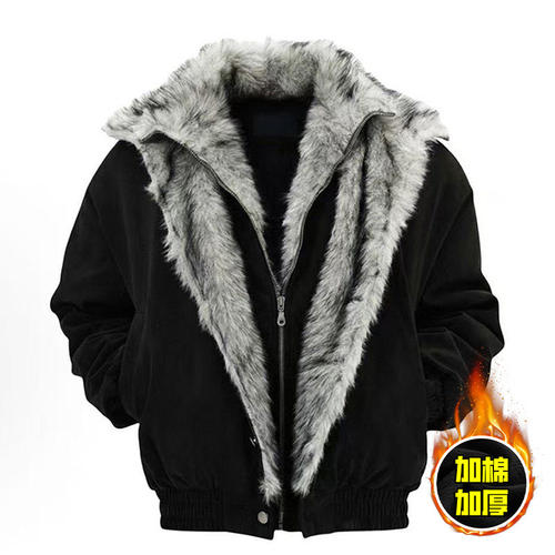 「设计师品牌」高街重磅狼王座山雕毛毛领假两件棉衣加厚棉服外套