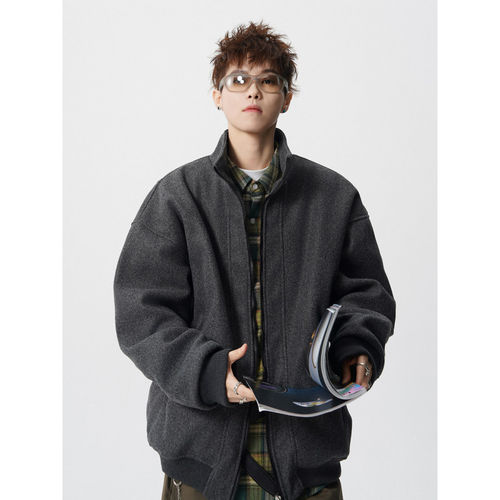 「设计师品牌」廓形松立领夹棉美式冬季呢料保暖外套