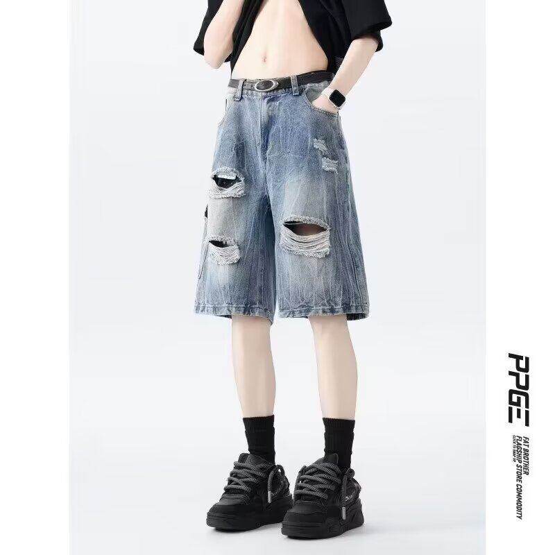 牛仔五分裤男款夏季直筒短裤潮牌潮流宽松休闲美式破洞中裤子男生