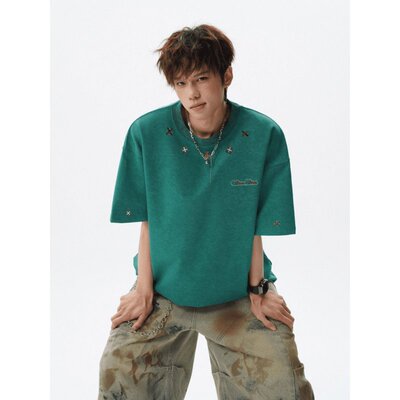 「设计师品牌」 重磅刺绣T恤美式复古设计感水洗短袖宽松