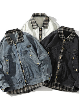 「设计师品牌」春季全棉水洗牛仔翻领假两件夹克情侣外套