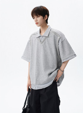 学院衬衫领t恤设计解构假两件短袖条纹拼接七分袖POLO衫