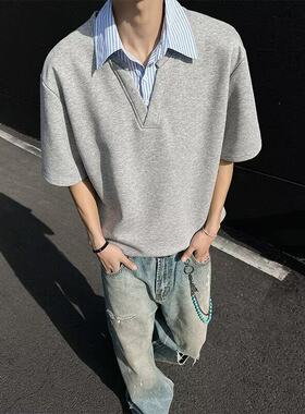假两件衬衫领短袖T恤男款夏季潮牌高级感polo领痞帅宽松凉感半袖