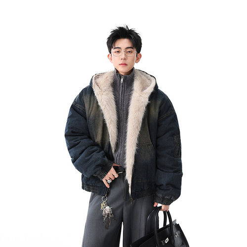 「设计师品牌」加绒牛仔棉服男冬季棉衣外套羊羔绒加厚毛领外套