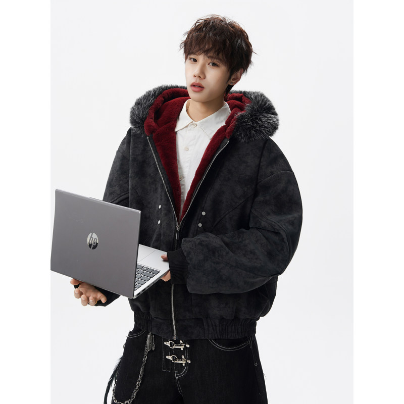 「设计师品牌」大理石纹PU皮座山雕加厚拆卸毛领棉衣