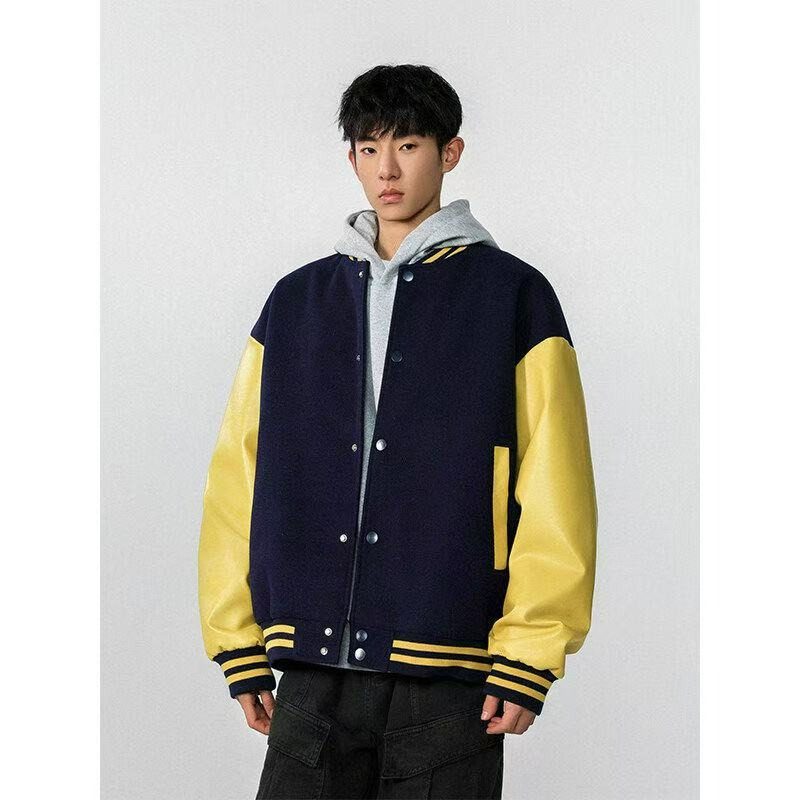棒球服外套男2025春季新款美式高街痞帅撞色宽松休闲pu皮拼袖夹克