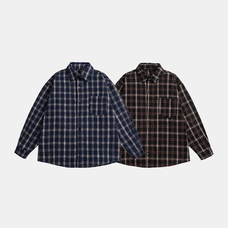 「设计师品牌」秋季新款潮流拼接撞色格子长袖男美式休闲衬衫外套