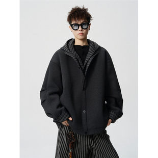 「设计师品牌」男士格纹拼接假两件开衫连帽卫衣外套