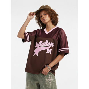 「设计师品牌」美式贴布绣拼接球服v领短袖T恤潮牌运动风上衣