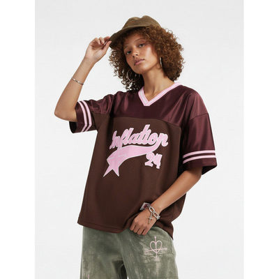 「设计师品牌」美式贴布绣拼接球服v领短袖T恤潮牌运动风上衣