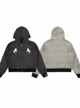 「设计师品牌」五角星独角兽刺绣拉链连帽兔毛绒条纹落肩短宽卫衣