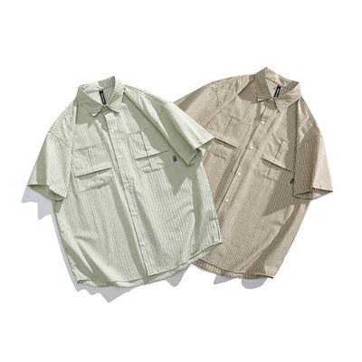 滤色绿色 TEN BILLION 设计师品牌 美式潮流条纹宽松短袖衬衫男
