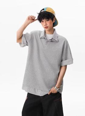 美式POLO衫假两件短袖男小众设计条纹拼接t恤高级感痞帅情侣半袖