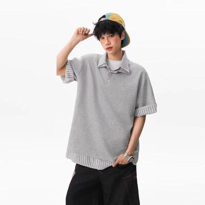 美式POLO衫假两件短袖男小众设计条纹拼接t恤高级感痞帅情侣半袖