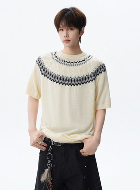 「设计师品牌」老钱风提花圆领短袖t恤男夏季羊毛冰丝针织衫