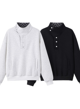 「设计师品牌」格子拼接立领卫衣短款高级感上衣