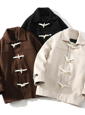 「设计师品牌」春秋简约牛角扣毛呢子大衣男外套夹克男