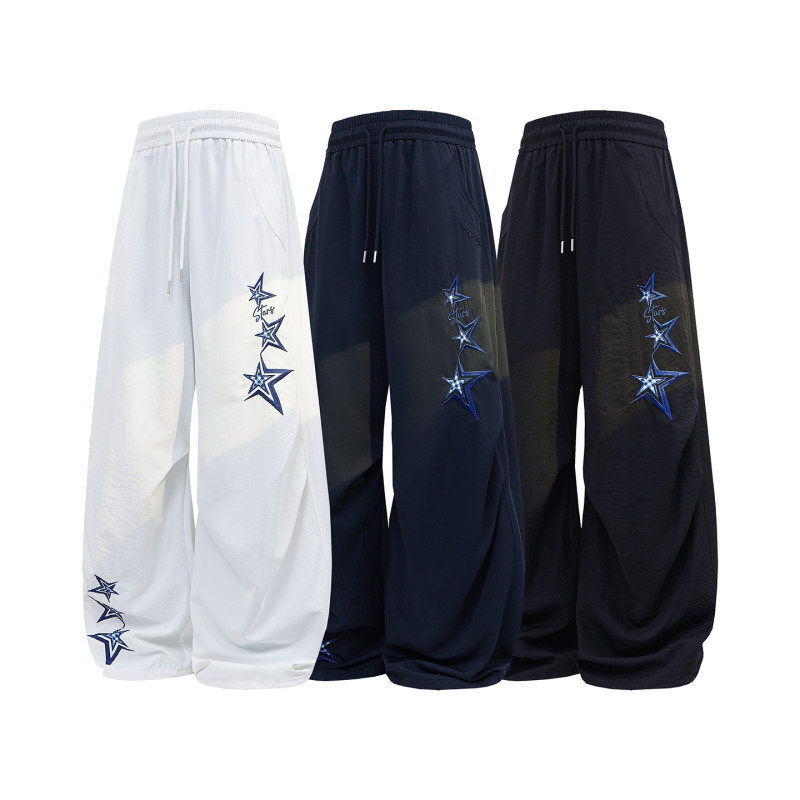 「设计师品牌」星星贴布绣花休闲裤大码阔腿伞兵长裤垂坠感运动裤