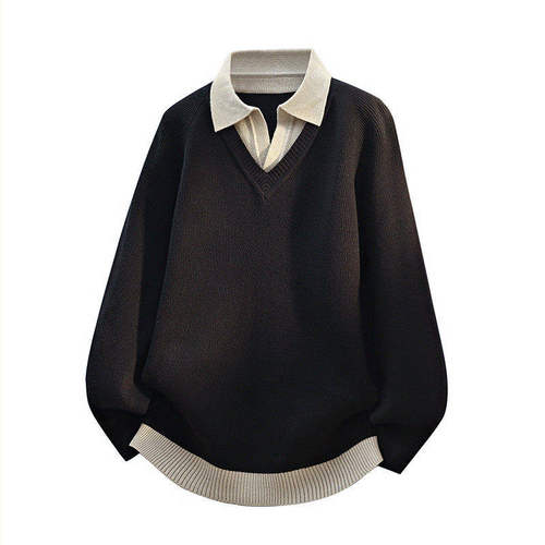 「设计师品牌」2025秋季时尚衬衫领假两件针织毛衣套头衫男