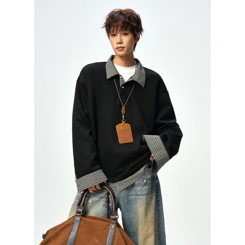 「设计师品牌」2026新款320g华棉格子拼接polo领宽松假两件卫衣男